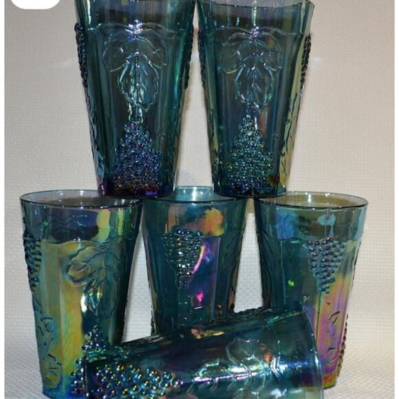 Vintage Indiana Glass Harvest Blue Carnival Glass tumblers - set of 6 - Picture 3 of 3
